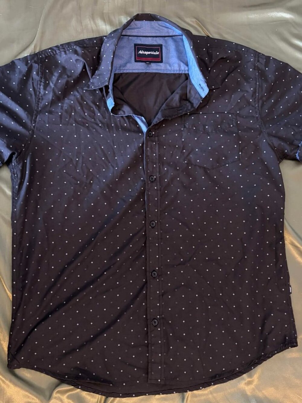 Aeropostale Mens Black Blue Polka Dot Button Up Shirt